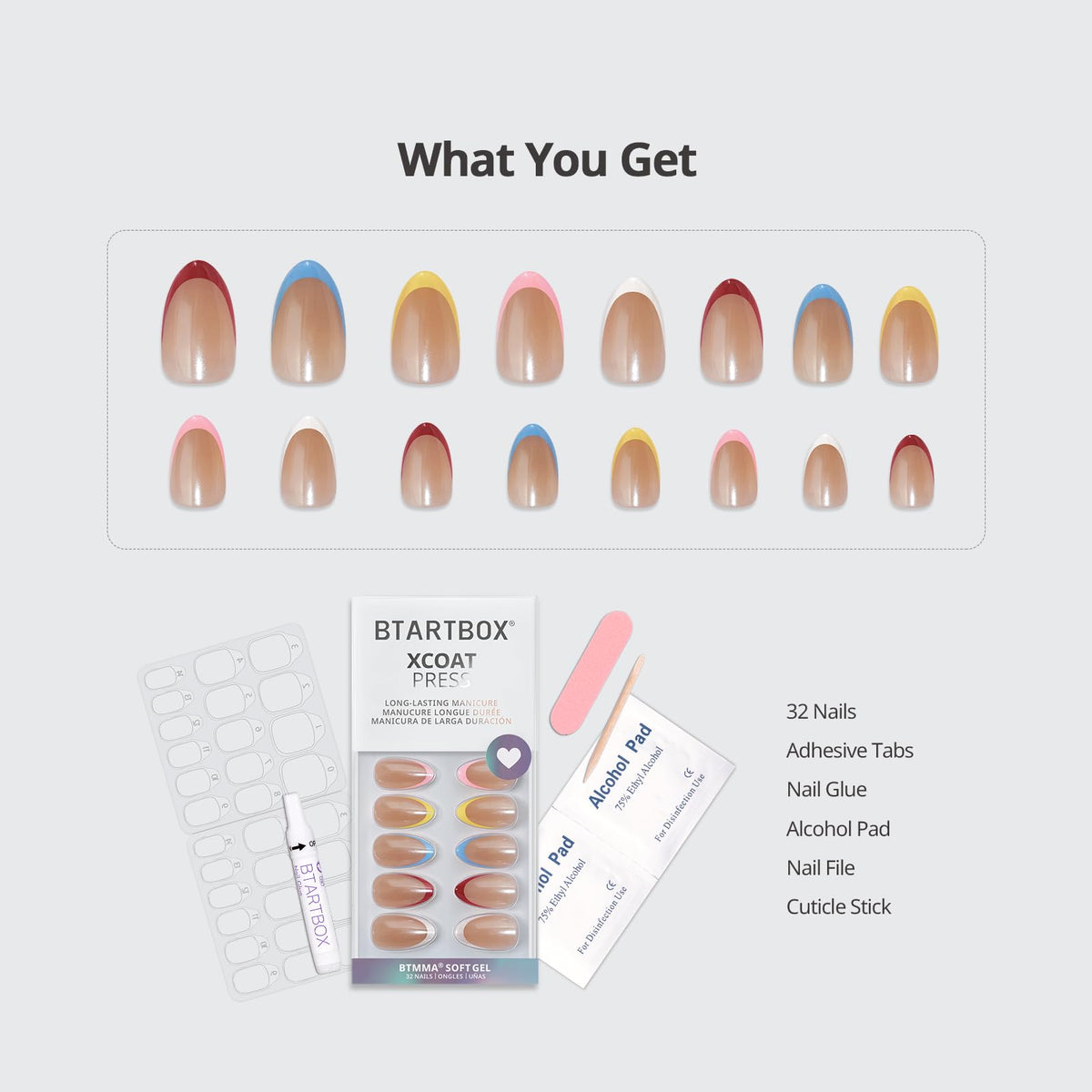 BTArtbox Press On Nails, Short Almond French Tip Nails, 32Pcs Full Kit
