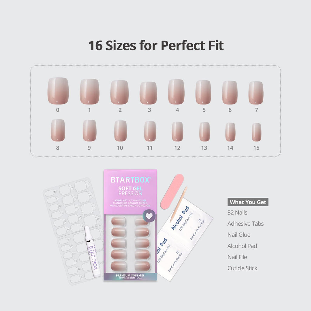 BTArtbox Press On Nails, Short Almond French Tip Nails, 32Pcs Full Kit