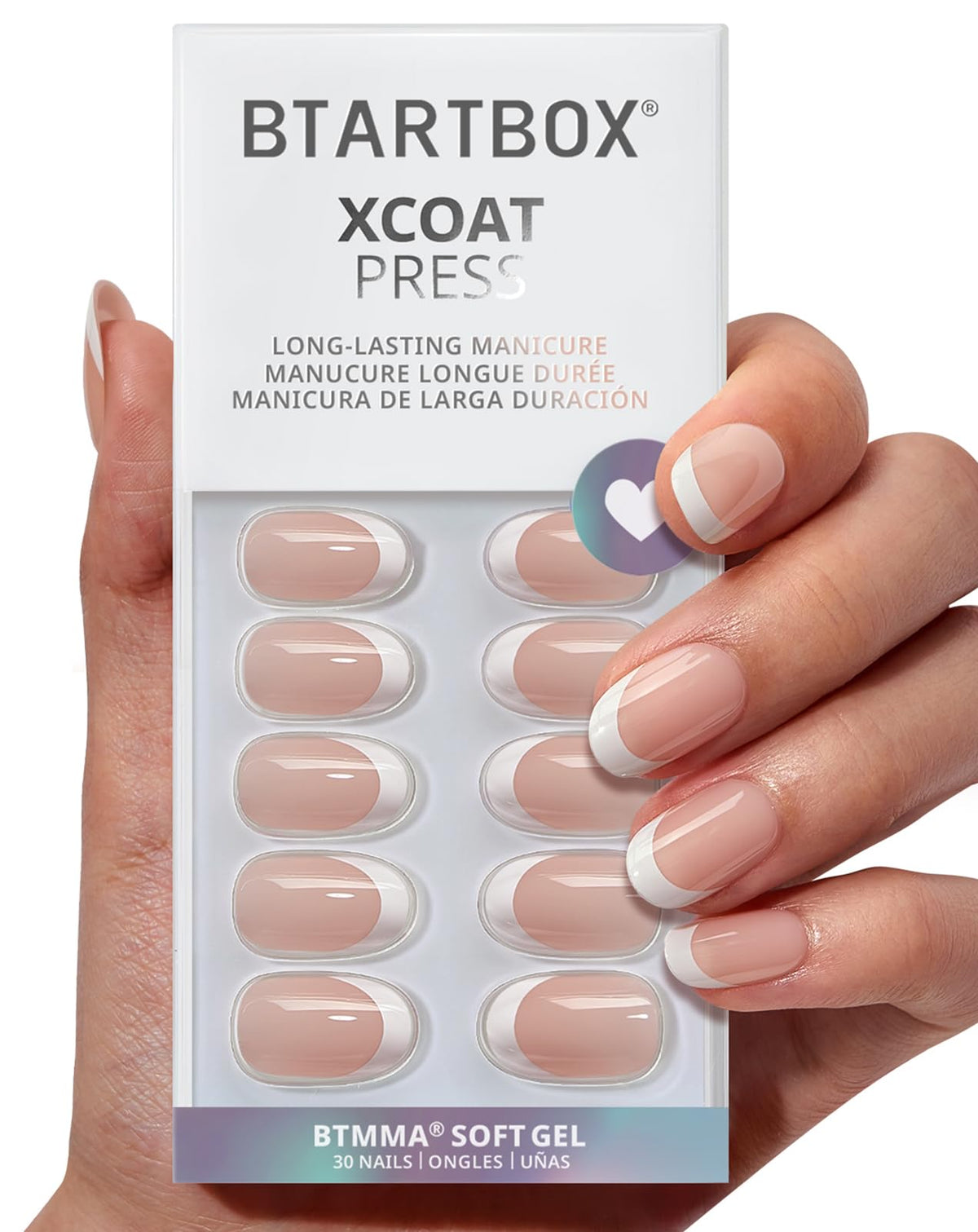 BTArtbox Press On Nails, Short Almond French Tip Nails, 32Pcs Full Kit