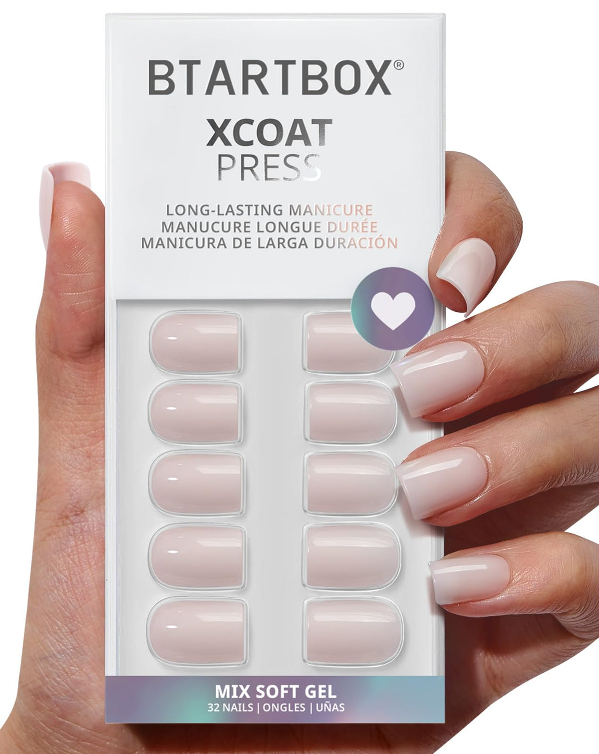 BTArtbox Press On Nails, Short Almond French Tip Nails, 32Pcs Full Kit