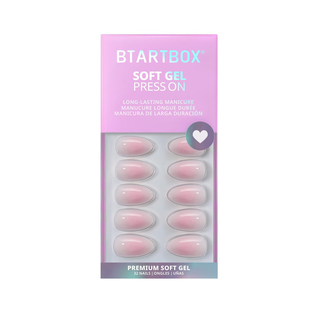 BTArtbox Press On Nails, Short Almond French Tip Nails, 32Pcs Full Kit