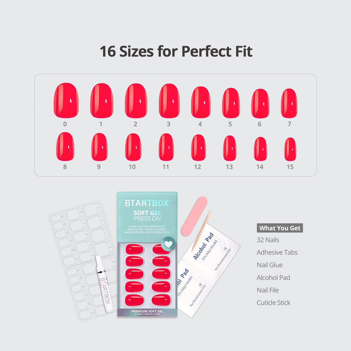 BTArtbox Press On Nails, Short Almond French Tip Nails, 32Pcs Full Kit