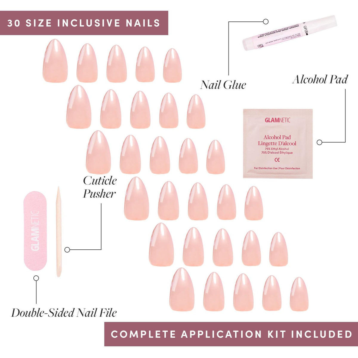 Glamnetic Press On Nails - Short Almond, Glossy Fake Nails 24 Pc Full Kit