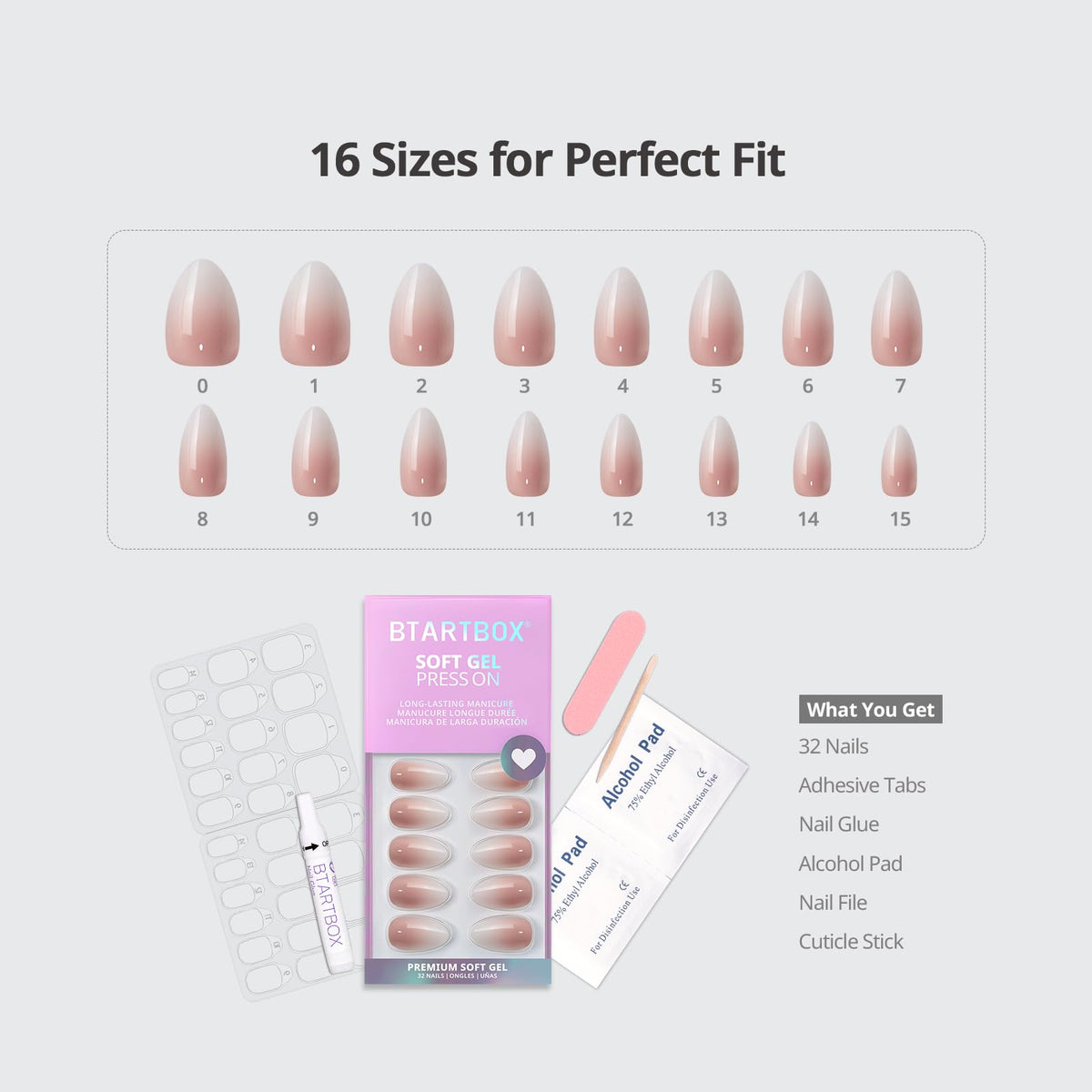 BTArtbox Press On Nails, Short Almond French Tip Nails, 32Pcs Full Kit
