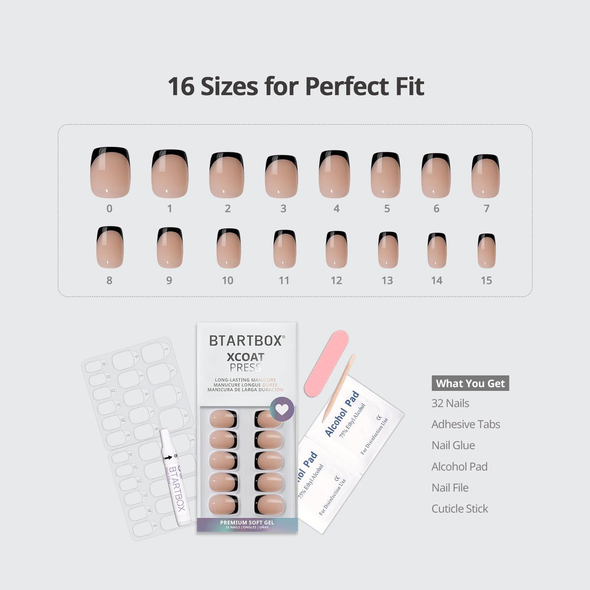 BTArtbox Press On Nails, Short Almond French Tip Nails, 32Pcs Full Kit