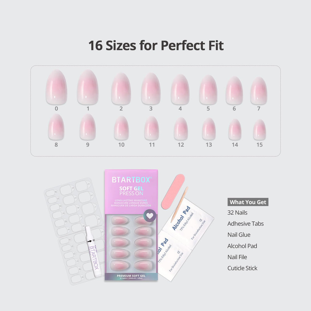 BTArtbox Press On Nails, Short Almond French Tip Nails, 32Pcs Full Kit