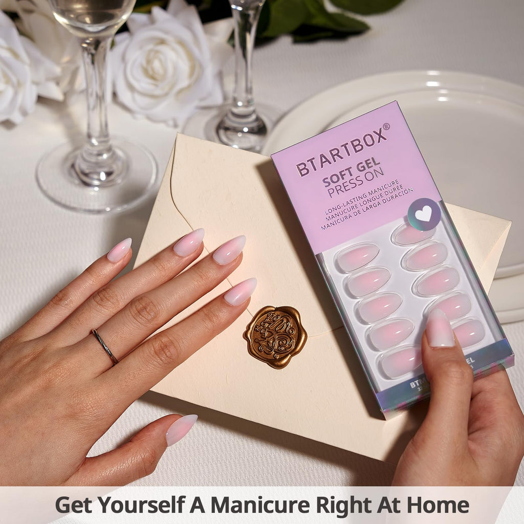 BTArtbox Press On Nails, Short Almond French Tip Nails, 32Pcs Full Kit