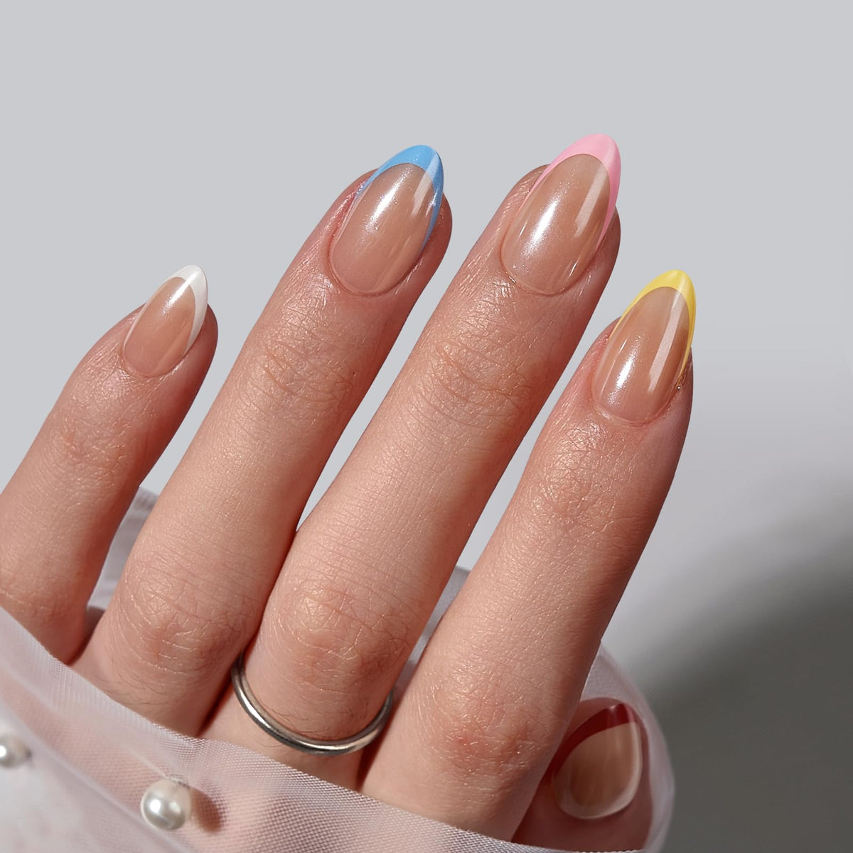 BTArtbox Press On Nails, Short Almond French Tip Nails, 32Pcs Full Kit