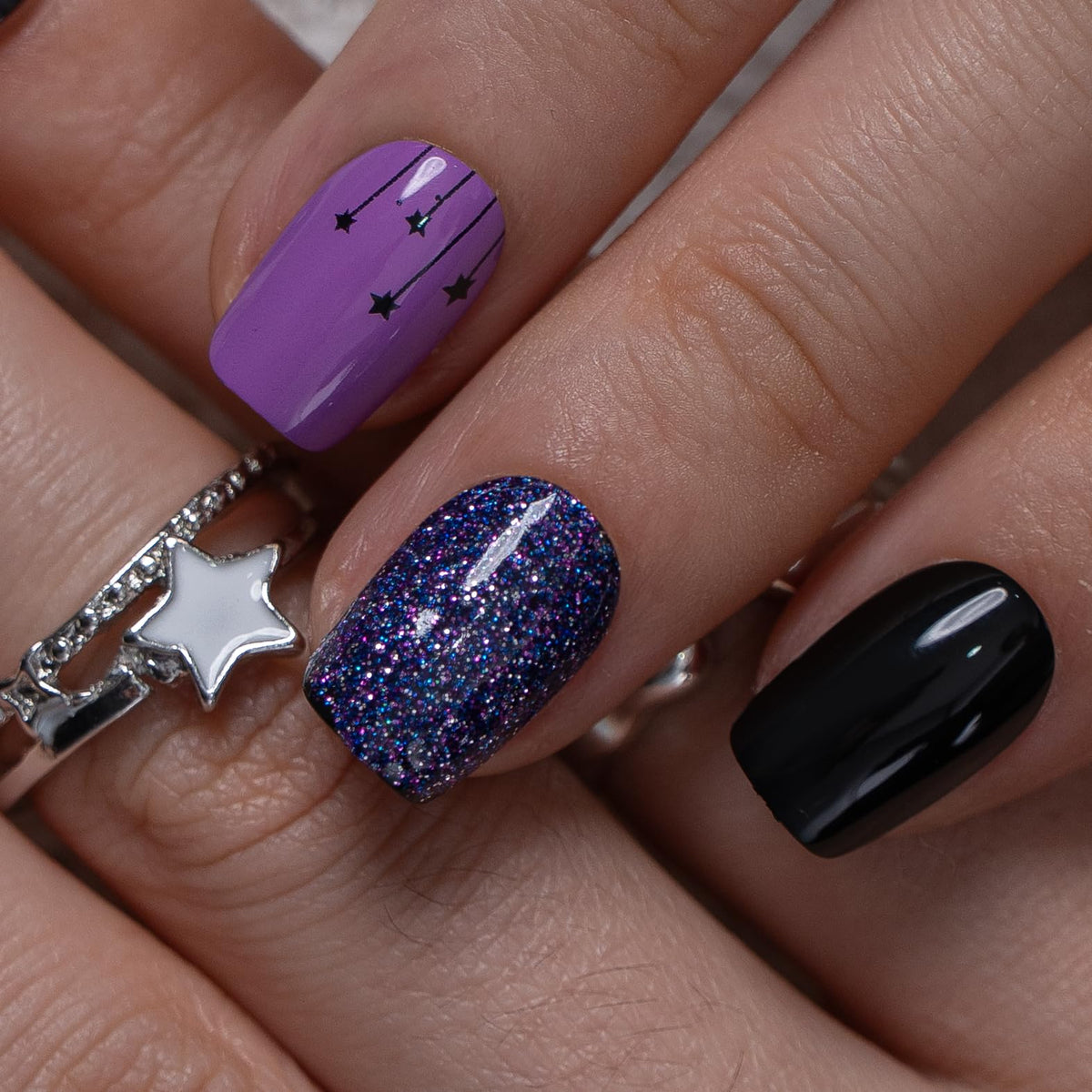CurvLife Short Square Ombre Cat Eye Press On Nails, Obsidian Fade Black