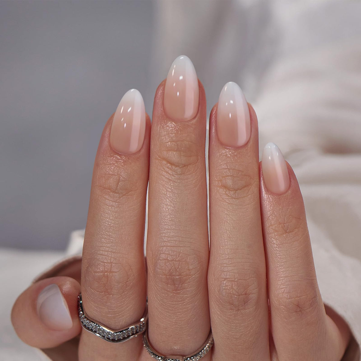 BTArtbox Press On Nails, Short Almond French Tip Nails, 32Pcs Full Kit