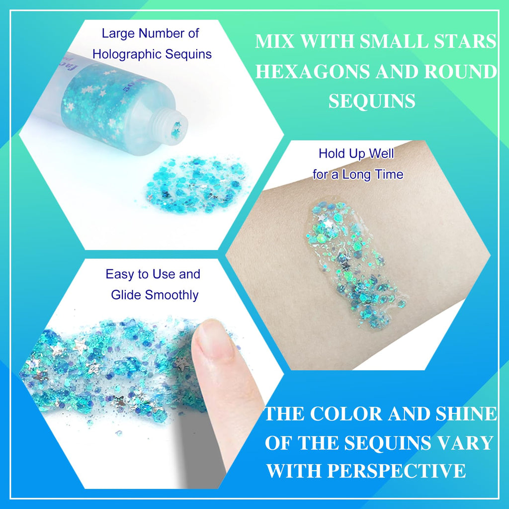 MEICOLY Chameleon Green Body Glitter,Holographic Self-Adhesive Face Glitter,Color Changing Mermaid Hair Glitter,Halloween Glitter Face Paint for Face Body Hair,St Patricks Day Accessories