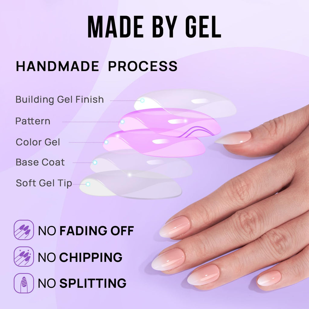 BTArtbox Press On Nails, Short Almond French Tip Nails, 32Pcs Full Kit