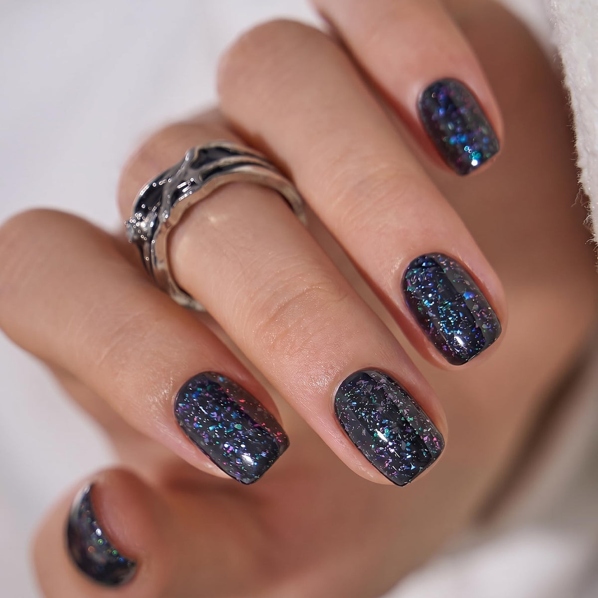 CurvLife Short Square Ombre Cat Eye Press On Nails, Obsidian Fade Black