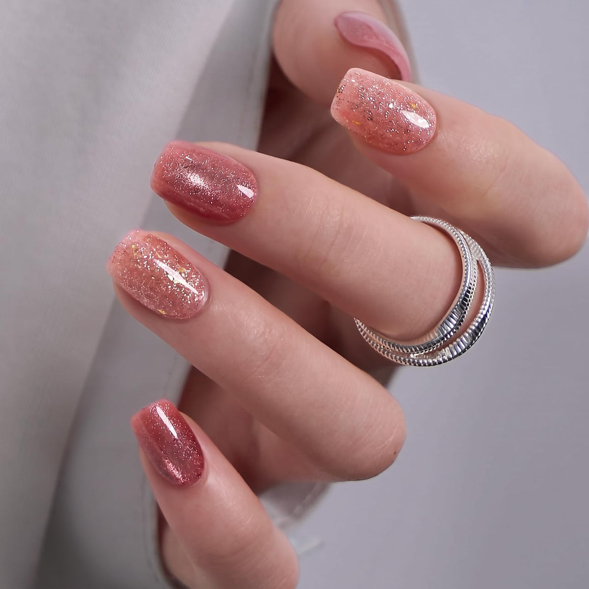 CurvLife Short Square Ombre Cat Eye Press On Nails, Obsidian Fade Black