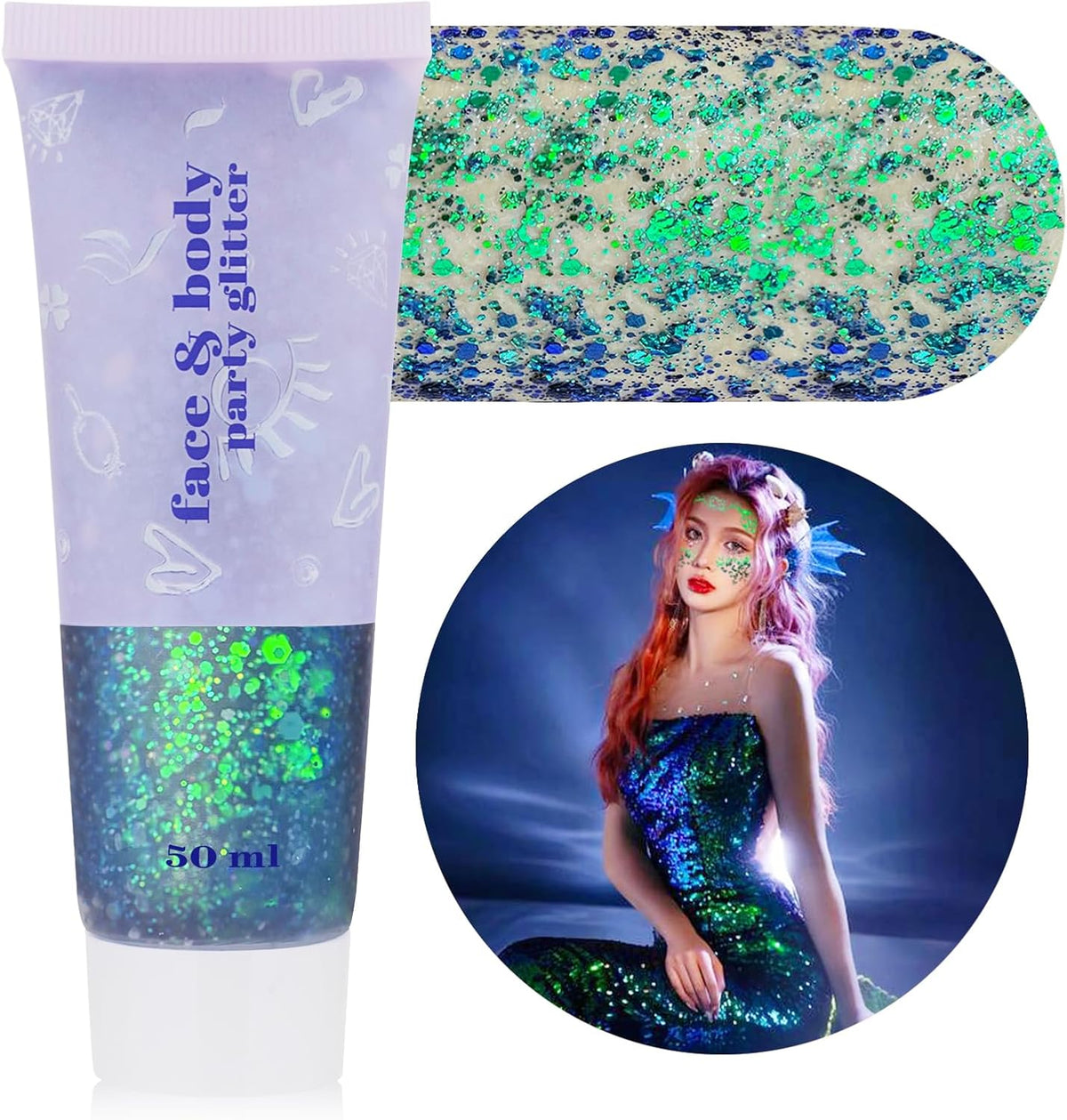 MEICOLY Chameleon Green Body Glitter,Holographic Self-Adhesive Face Glitter,Color Changing Mermaid Hair Glitter,Halloween Glitter Face Paint for Face Body Hair,St Patricks Day Accessories