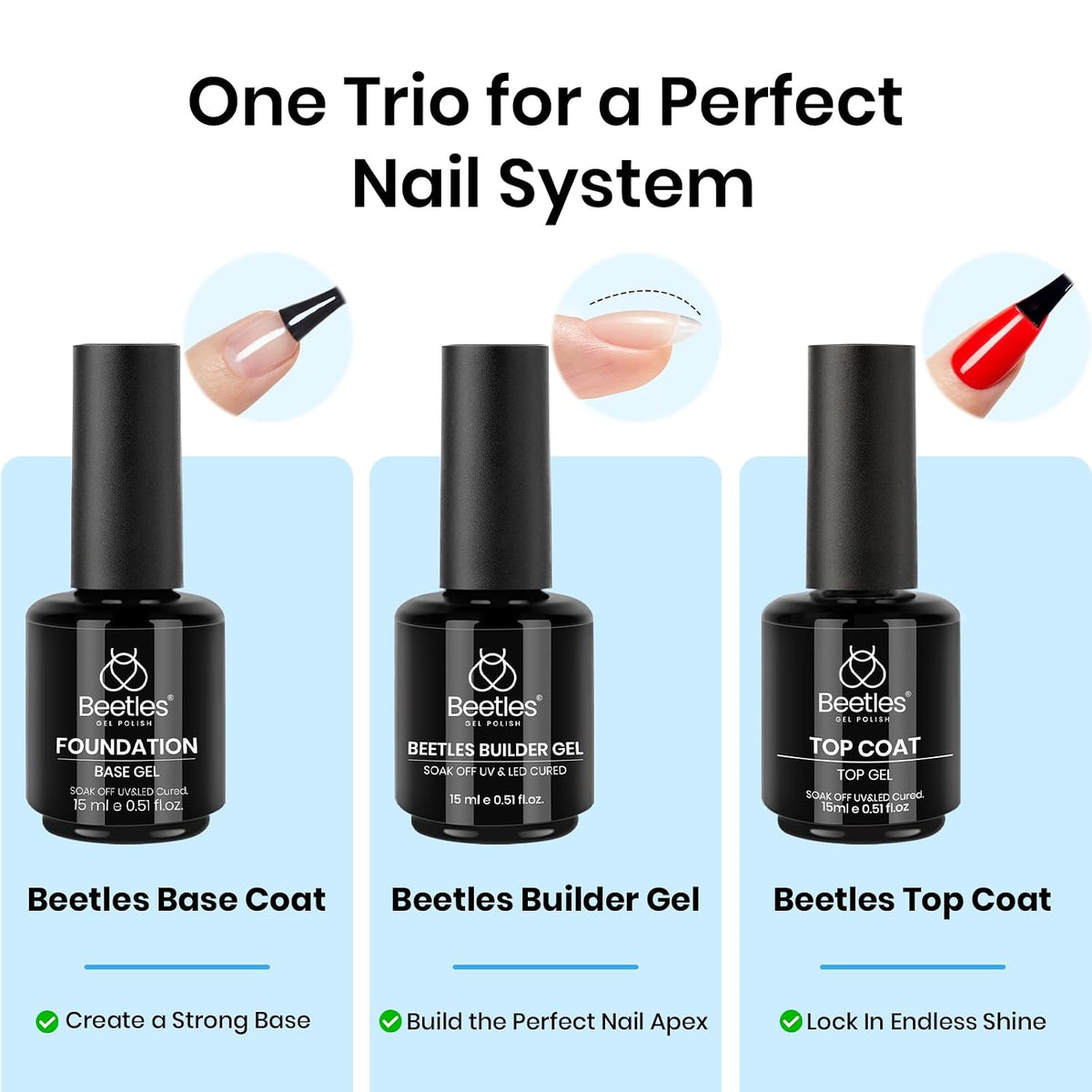 Beetles Builder Gel for Nails with Gel Base and Top Coat Set 3Pcs