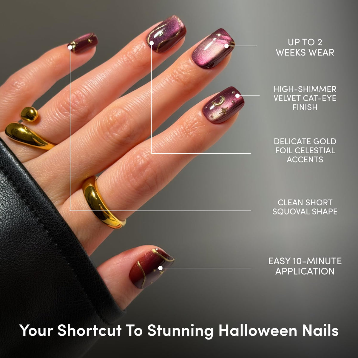 Glamnetic Halloween Press On Nails, Short Oval Cat-Eye, Bitter Orange