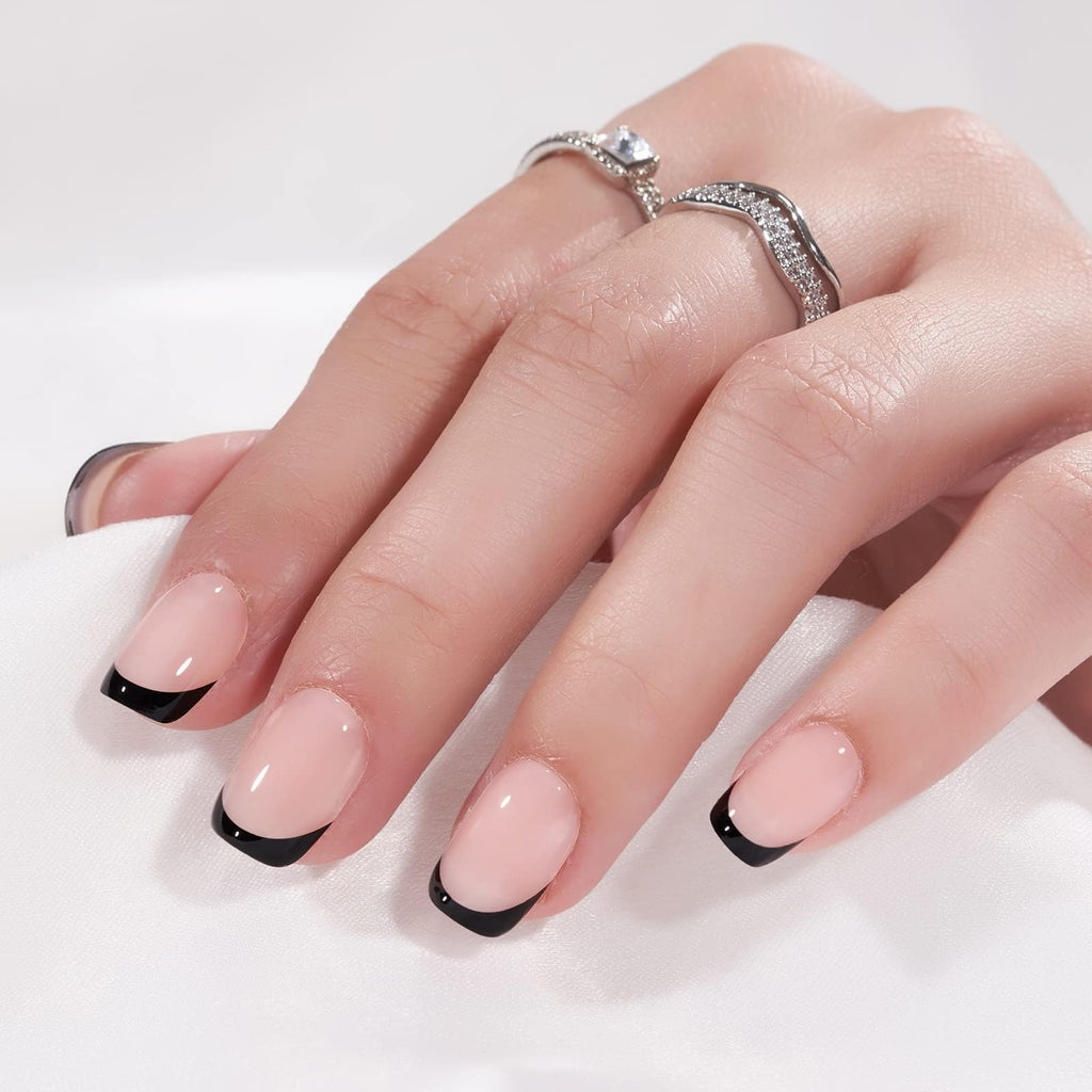 BTArtbox Press On Nails, Short Almond French Tip Nails, 32Pcs Full Kit