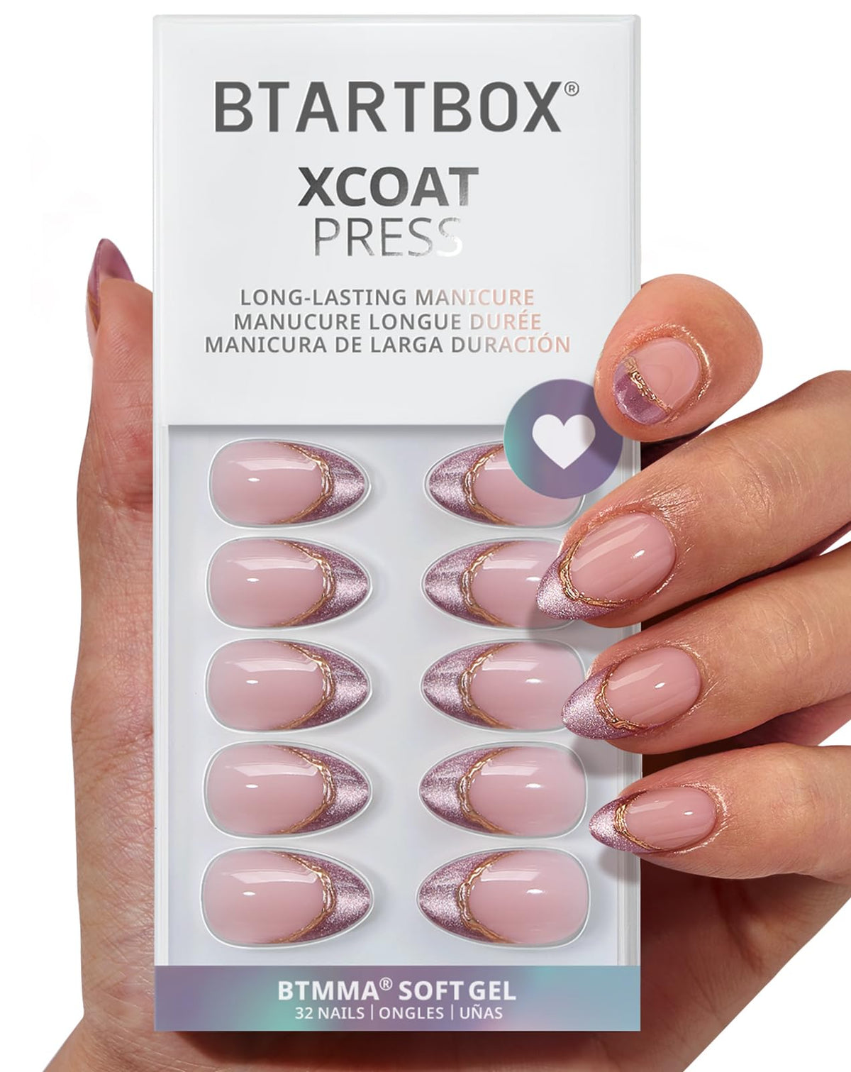 BTArtbox Press On Nails, Short Almond French Tip Nails, 32Pcs Full Kit