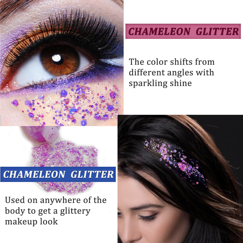 MEICOLY Chameleon Green Body Glitter,Holographic Self-Adhesive Face Glitter,Color Changing Mermaid Hair Glitter,Halloween Glitter Face Paint for Face Body Hair,St Patricks Day Accessories