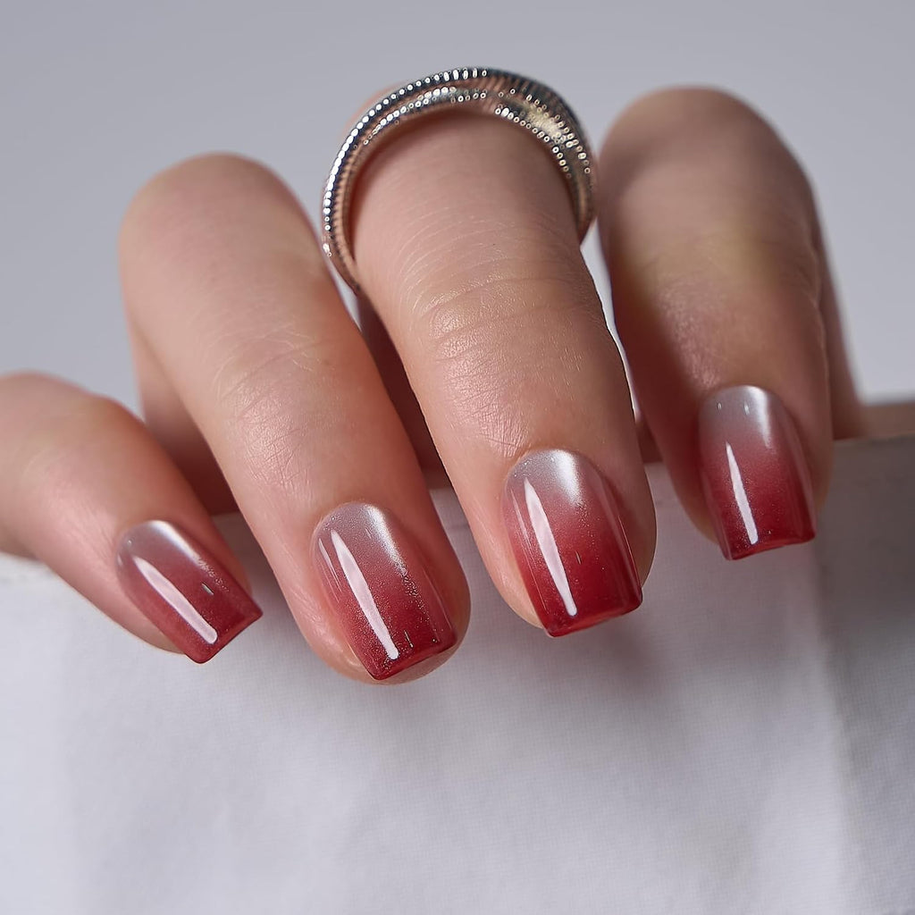CurvLife Short Square Ombre Cat Eye Press On Nails, Obsidian Fade Black