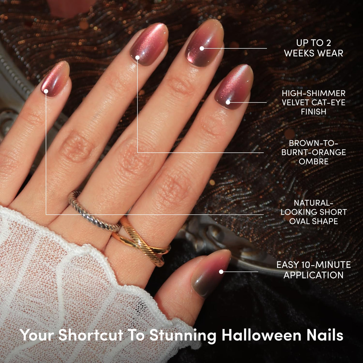 Glamnetic Halloween Press On Nails, Short Oval Cat-Eye, Bitter Orange