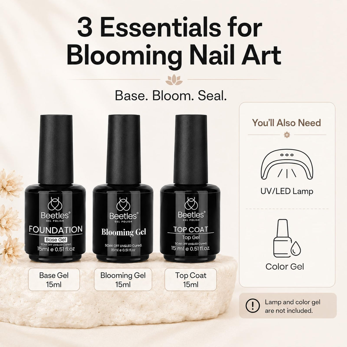 Beetles Builder Gel for Nails with Gel Base and Top Coat Set 3Pcs