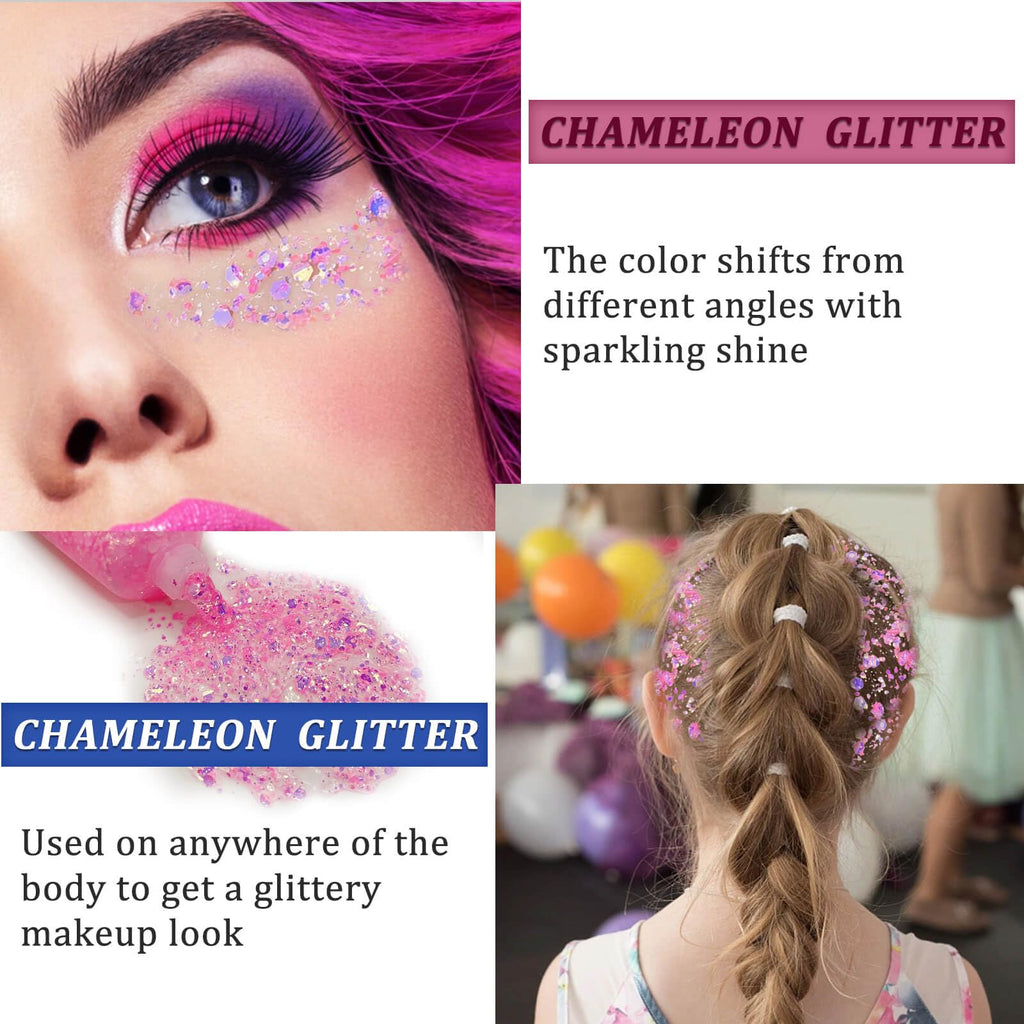MEICOLY Chameleon Green Body Glitter,Holographic Self-Adhesive Face Glitter,Color Changing Mermaid Hair Glitter,Halloween Glitter Face Paint for Face Body Hair,St Patricks Day Accessories