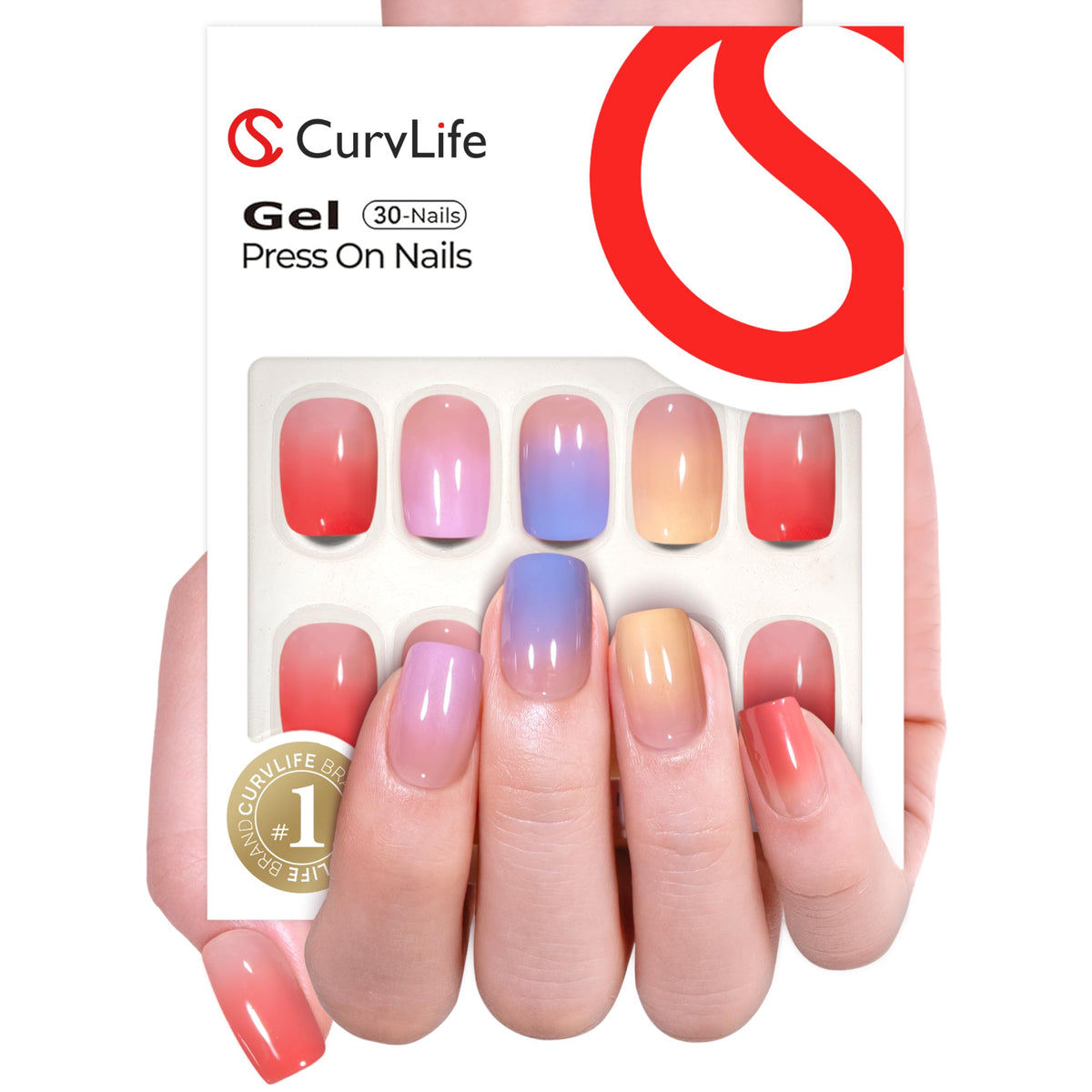 CurvLife Short Square Ombre Cat Eye Press On Nails, Obsidian Fade Black
