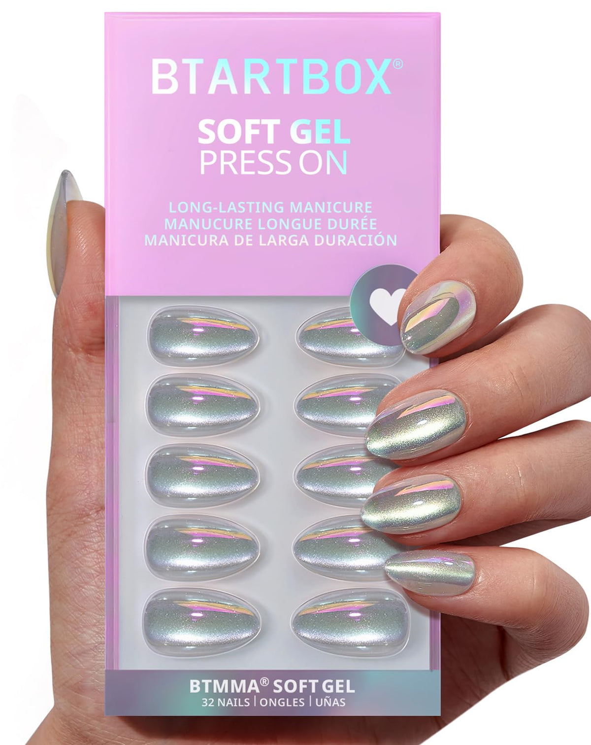 BTArtbox Press On Nails, Short Almond French Tip Nails, 32Pcs Full Kit