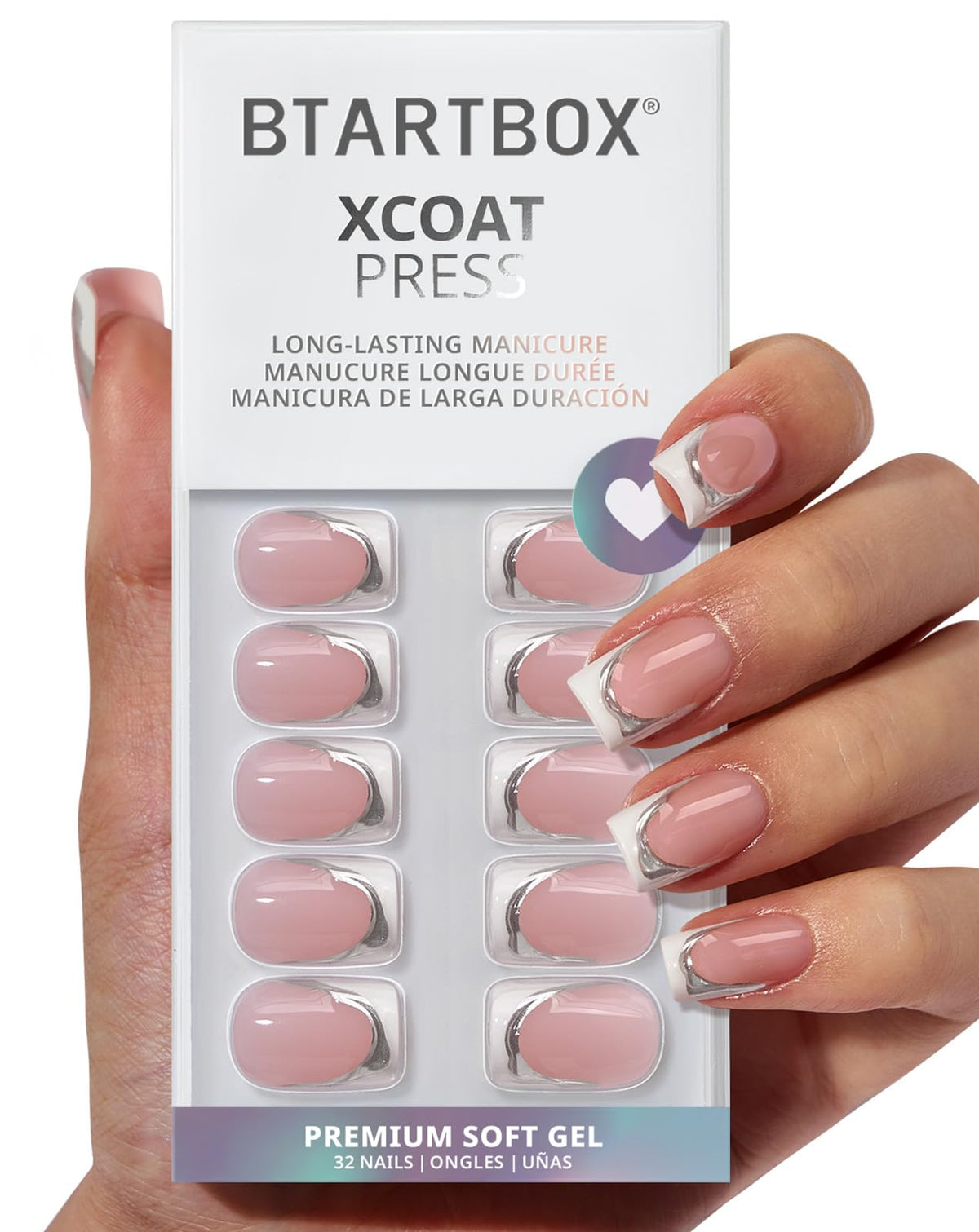 BTArtbox Press On Nails, Short Almond French Tip Nails, 32Pcs Full Kit