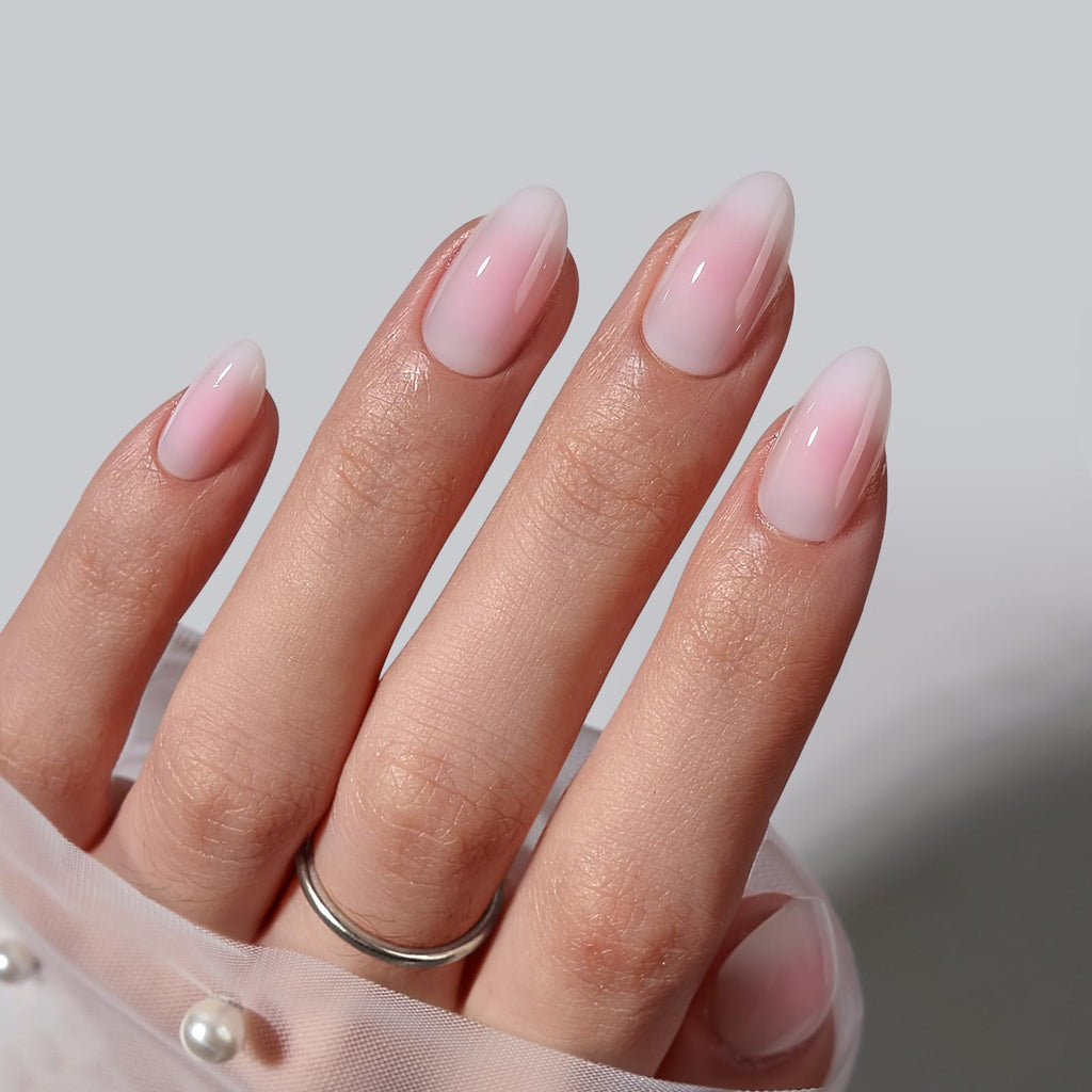 BTArtbox Press On Nails, Short Almond French Tip Nails, 32Pcs Full Kit