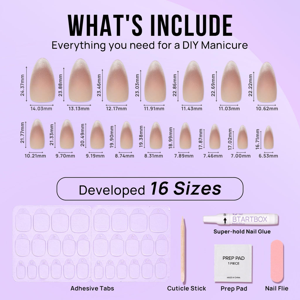 BTArtbox Press On Nails, Short Almond French Tip Nails, 32Pcs Full Kit