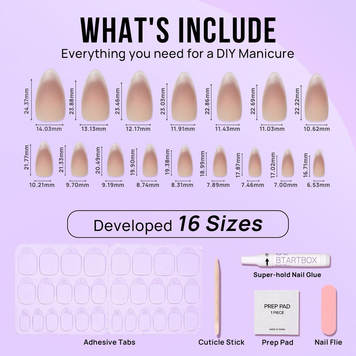 BTArtbox Press On Nails, Short Almond French Tip Nails, 32Pcs Full Kit