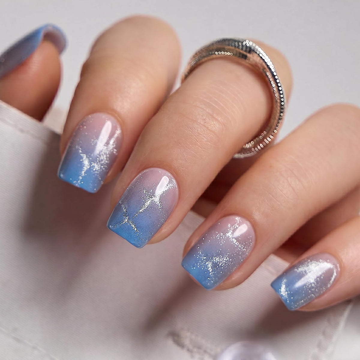 CurvLife Short Square Ombre Cat Eye Press On Nails, Obsidian Fade Black