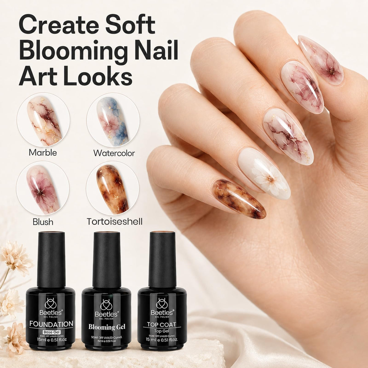 Beetles Builder Gel for Nails with Gel Base and Top Coat Set 3Pcs
