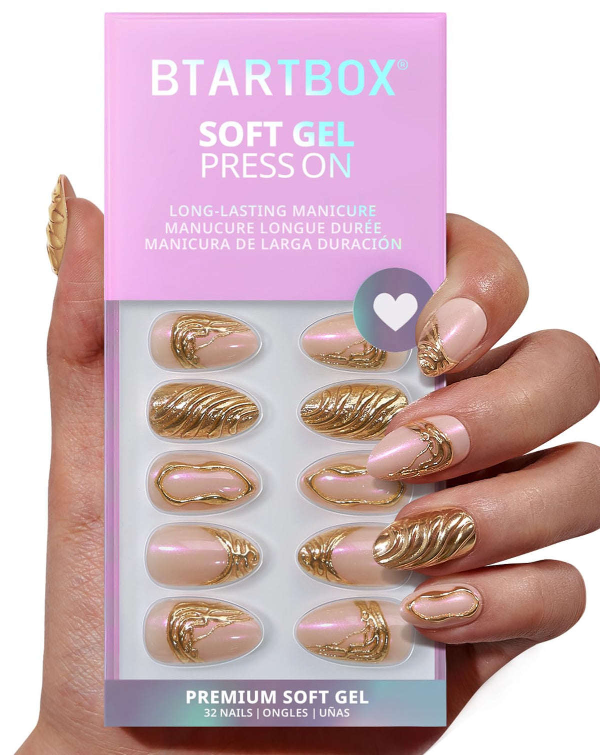 BTArtbox Press On Nails, Short Almond French Tip Nails, 32Pcs Full Kit