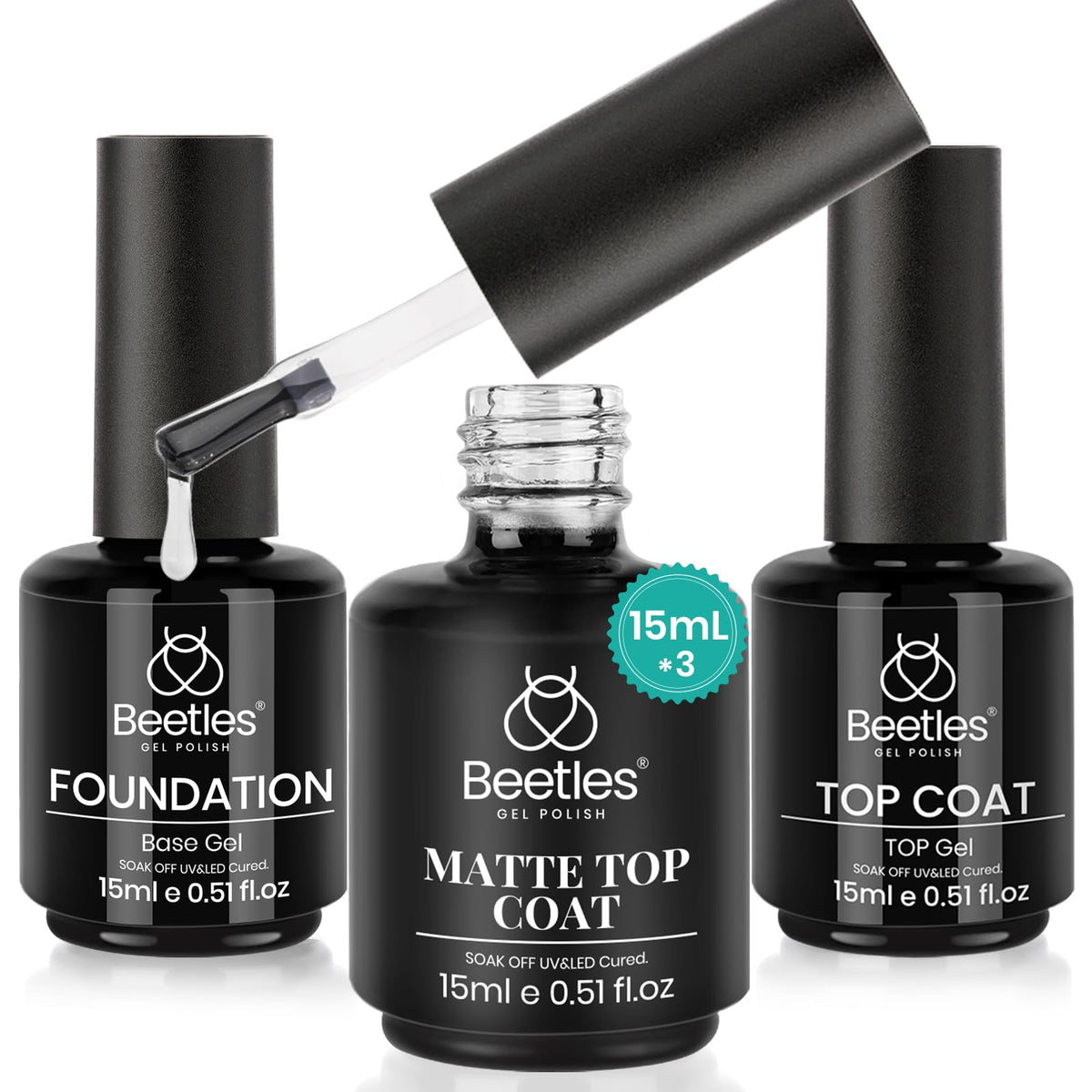 Beetles Builder Gel for Nails with Gel Base and Top Coat Set 3Pcs
