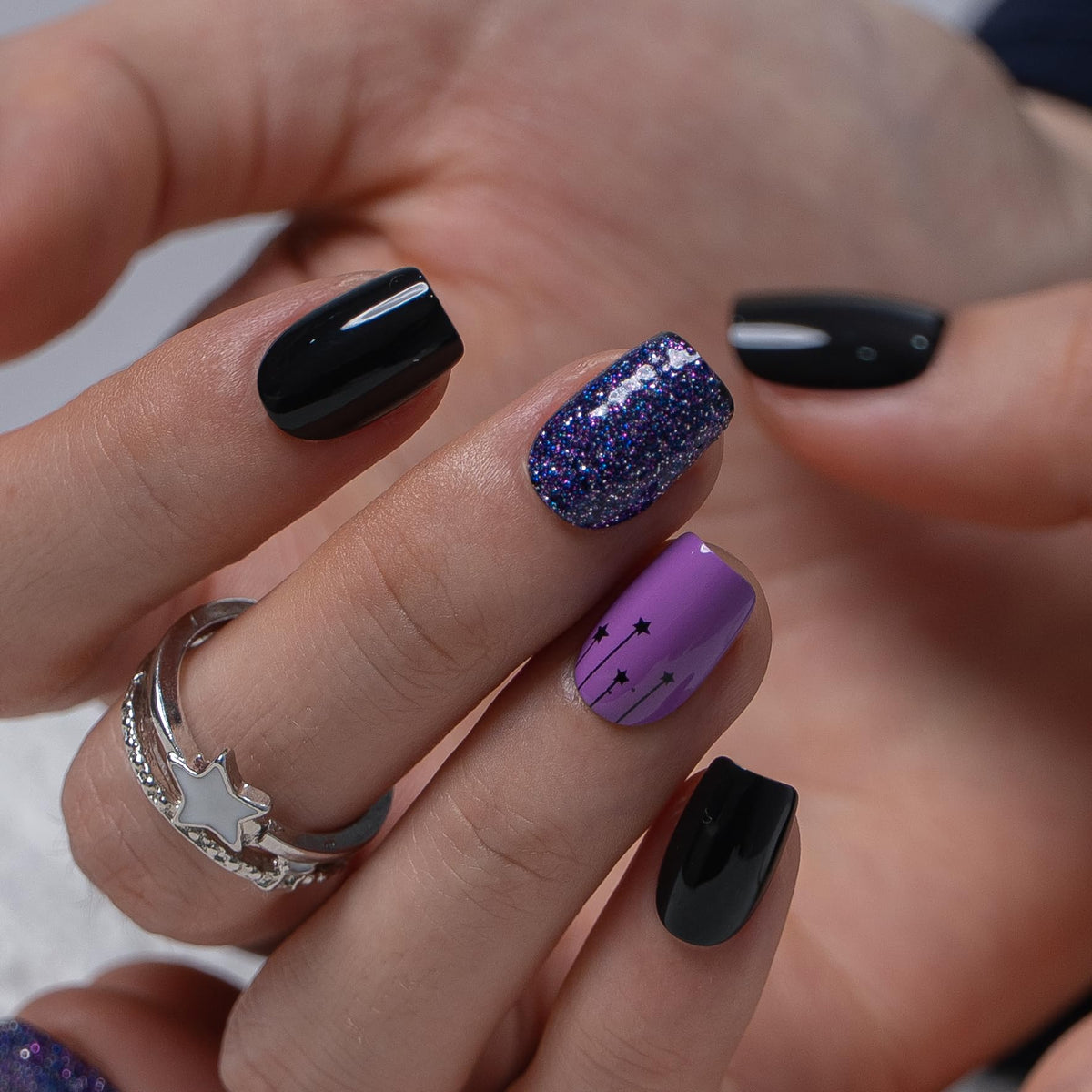 CurvLife Short Square Ombre Cat Eye Press On Nails, Obsidian Fade Black