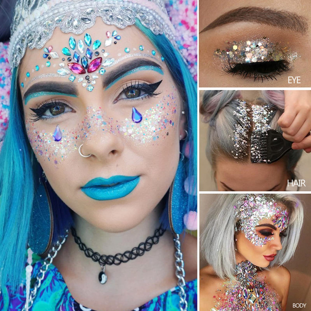 MEICOLY Chameleon Green Body Glitter,Holographic Self-Adhesive Face Glitter,Color Changing Mermaid Hair Glitter,Halloween Glitter Face Paint for Face Body Hair,St Patricks Day Accessories