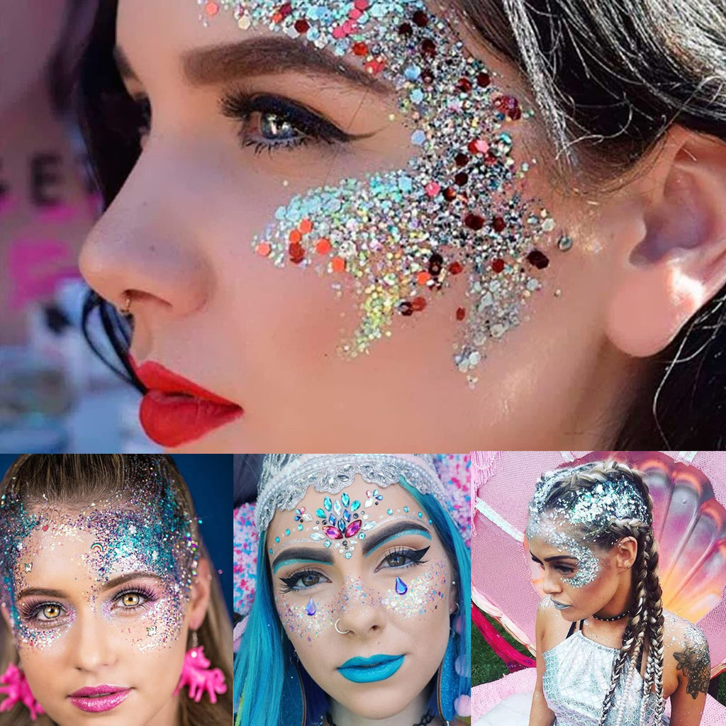 MEICOLY Chameleon Green Body Glitter,Holographic Self-Adhesive Face Glitter,Color Changing Mermaid Hair Glitter,Halloween Glitter Face Paint for Face Body Hair,St Patricks Day Accessories