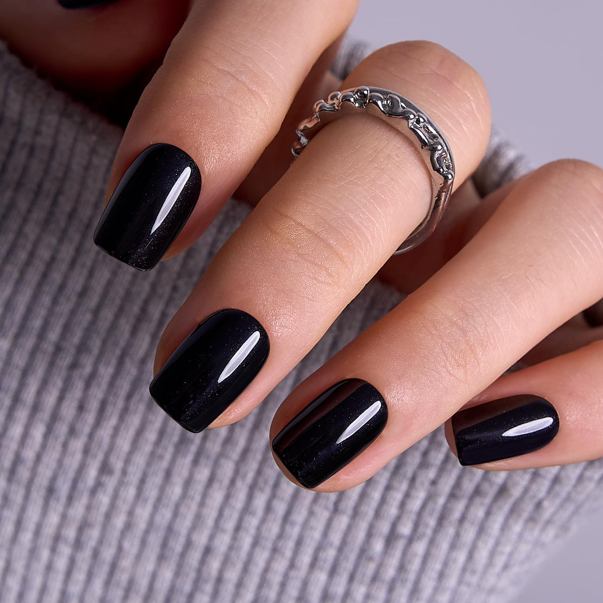 CurvLife Short Square Ombre Cat Eye Press On Nails, Obsidian Fade Black
