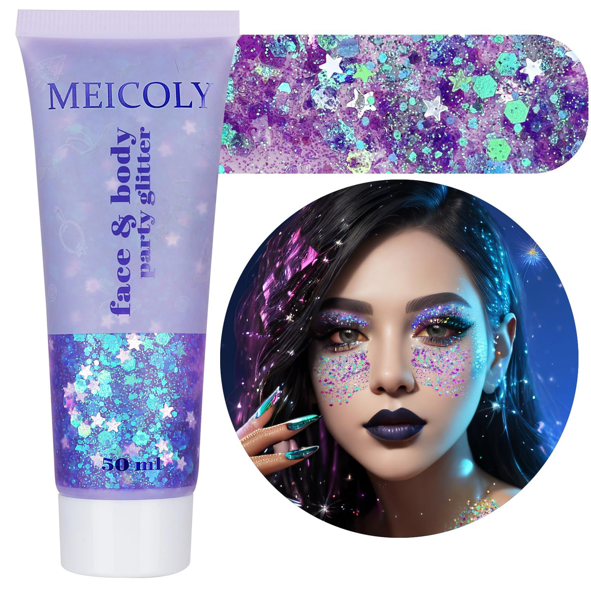 MEICOLY Chameleon Green Body Glitter,Holographic Self-Adhesive Face Glitter,Color Changing Mermaid Hair Glitter,Halloween Glitter Face Paint for Face Body Hair,St Patricks Day Accessories
