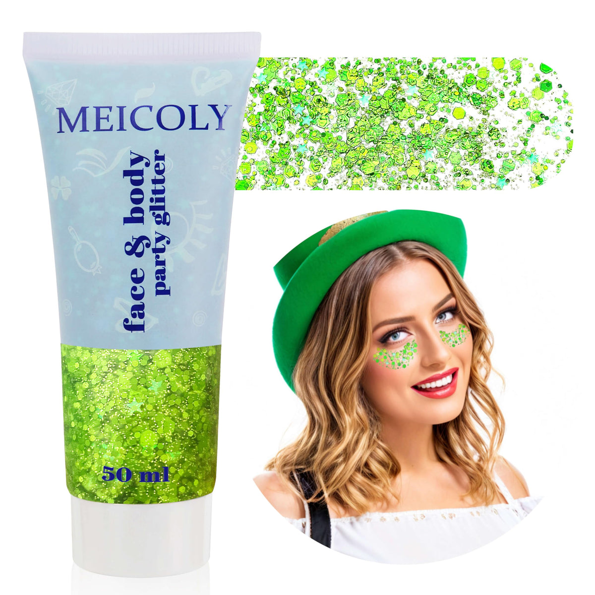 MEICOLY Chameleon Green Body Glitter,Holographic Self-Adhesive Face Glitter,Color Changing Mermaid Hair Glitter,Halloween Glitter Face Paint for Face Body Hair,St Patricks Day Accessories