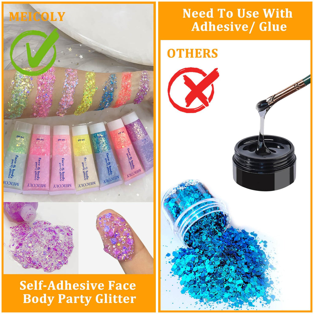 MEICOLY Chameleon Green Body Glitter,Holographic Self-Adhesive Face Glitter,Color Changing Mermaid Hair Glitter,Halloween Glitter Face Paint for Face Body Hair,St Patricks Day Accessories