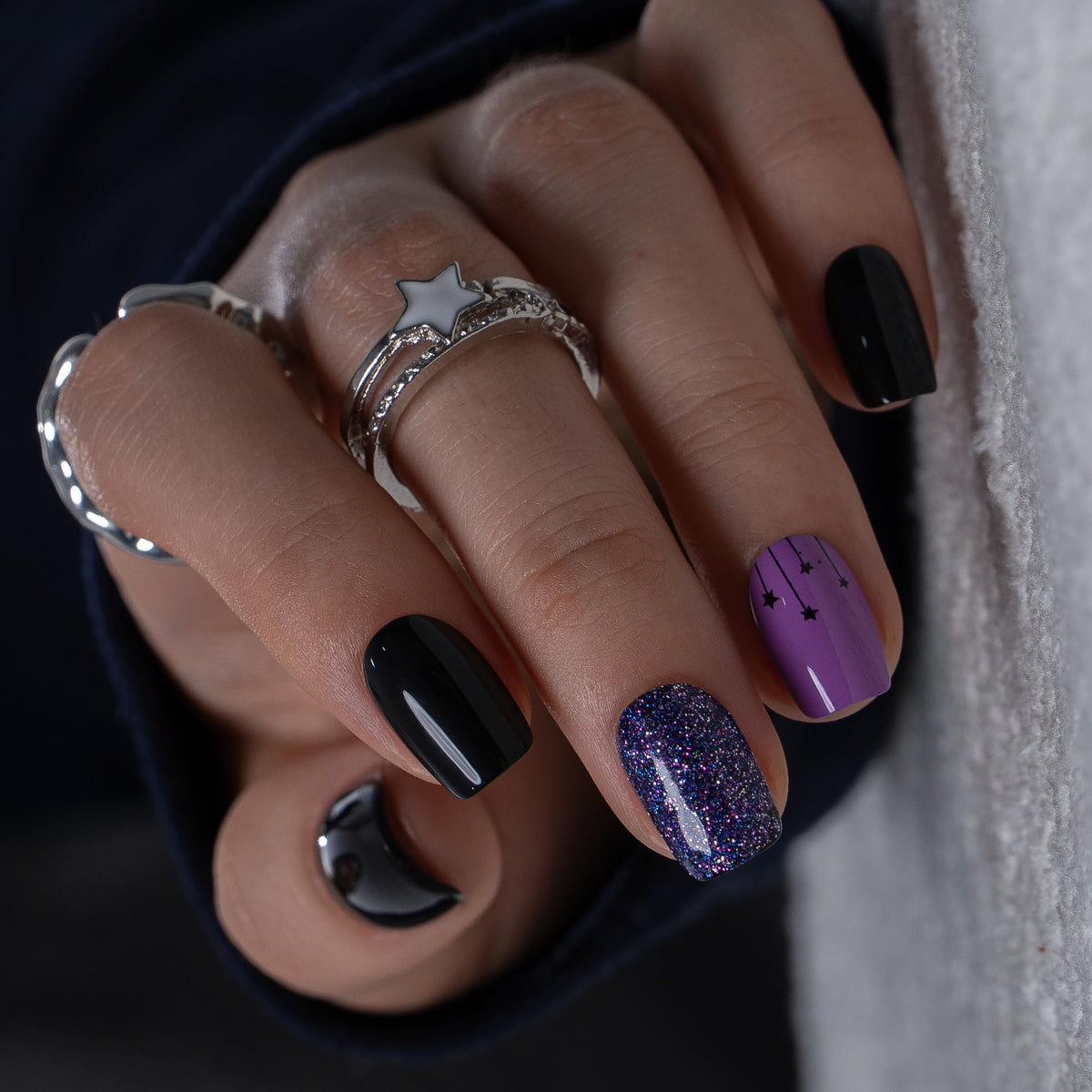 CurvLife Short Square Ombre Cat Eye Press On Nails, Obsidian Fade Black