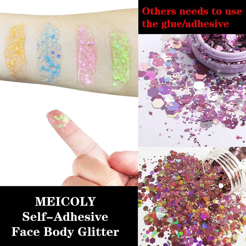 MEICOLY Chameleon Green Body Glitter,Holographic Self-Adhesive Face Glitter,Color Changing Mermaid Hair Glitter,Halloween Glitter Face Paint for Face Body Hair,St Patricks Day Accessories